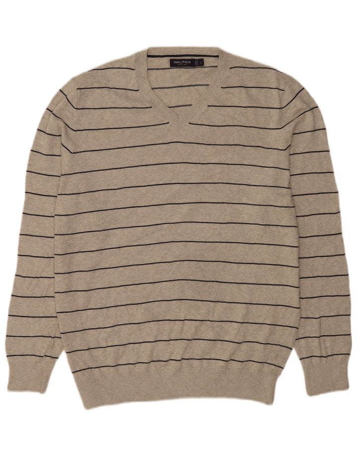 Nautica Herre V-hals sweater Stor grå stribet bomuld