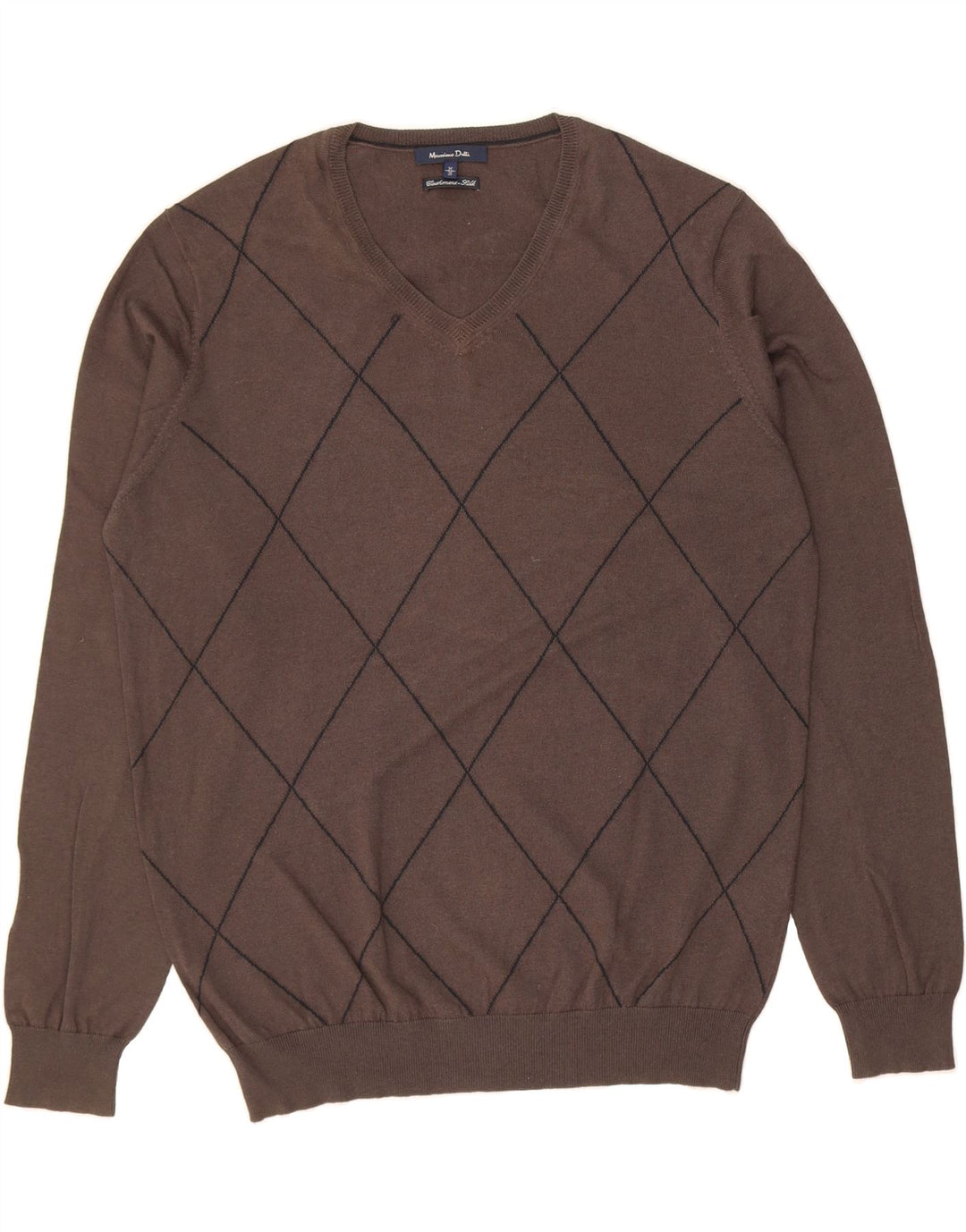 MASSIMO DUTTI Mens V-Neck Jumper Sweater UK 38 Medium Brown Argyle/Diamond Vintage Massimo Dutti and Second-Hand Massimo Dutti from Messina Hembry 