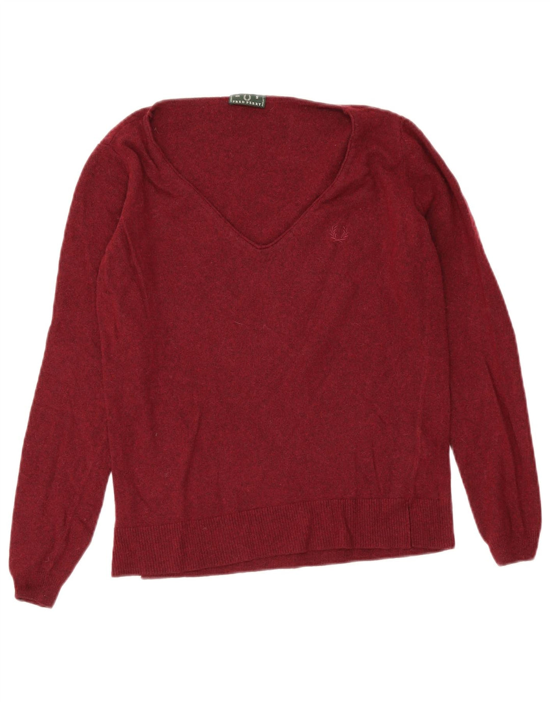 Fred Perry Dame V-hals sweater UK 10 Small Burgundy Wool