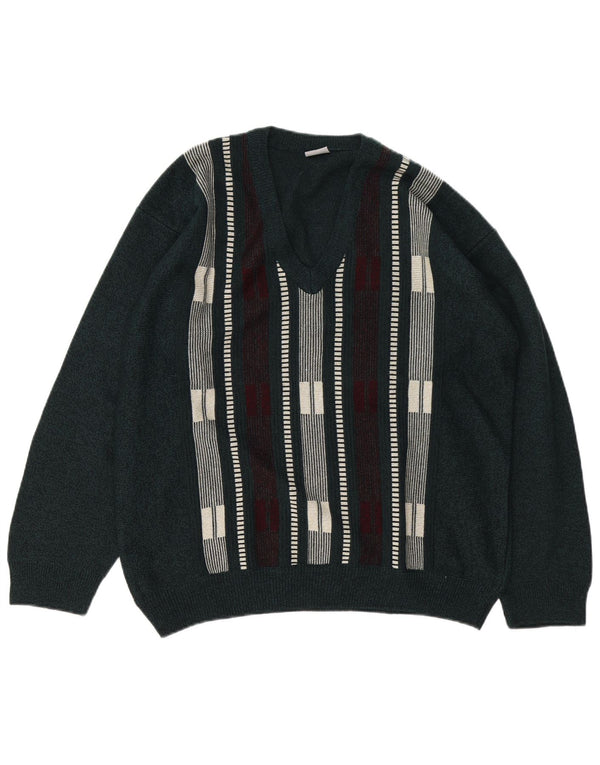 VINTAGE Herre V-hals sweater Stor grøn stribet akryl
