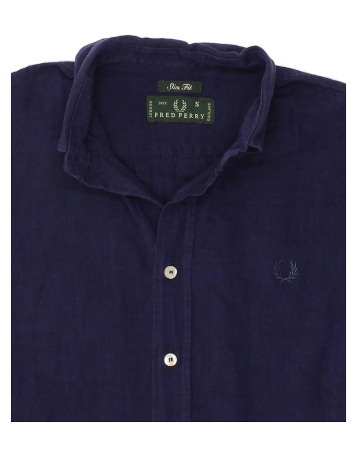 FRED PERRY Mens Slim Fit Shirt Small Navy Blue Cotton Vintage Fred Perry and Second-Hand Fred Perry from Messina Hembry 