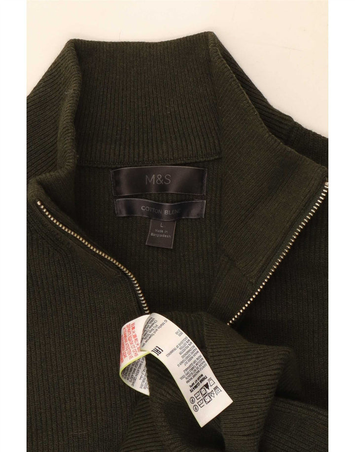 Marks & Spencer Herre Zip Neck Jumper Sweater Stor Khaki Polyester