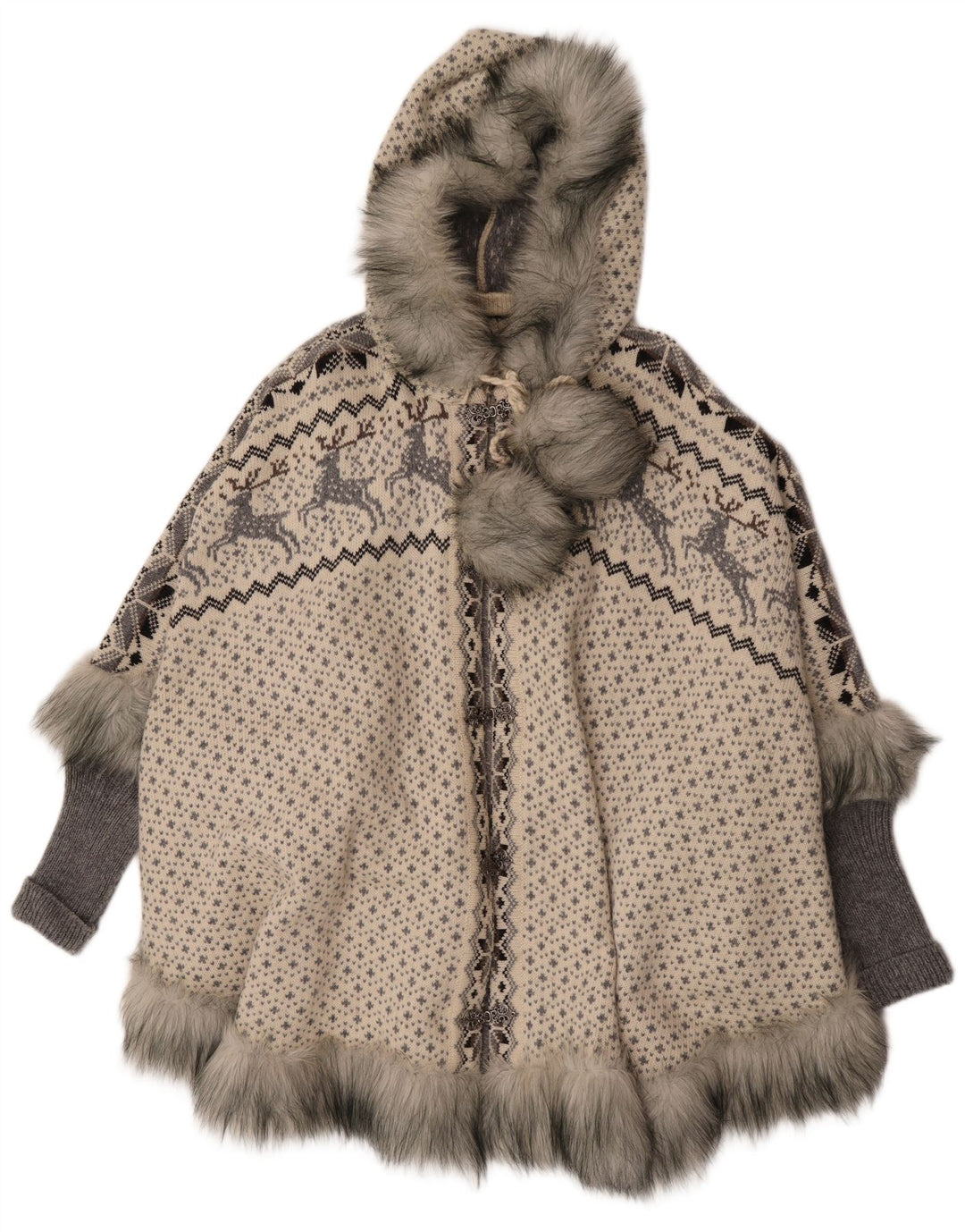 Vintage Dame Strik Hætte Poncho Coat UK 16 Large Grey Fair Isle