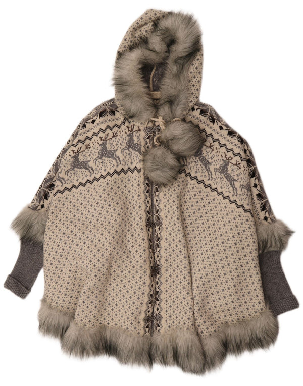 Vintage Dame Strik Hætte Poncho Coat UK 16 Large Grey Fair Isle