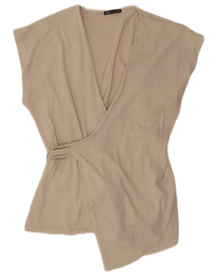 Zara Dame Wrap Bluse Top UK 16 Stor Beige Bomuld