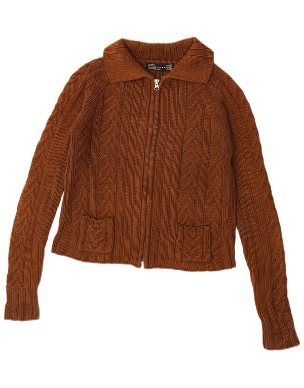 Zara Dame Cardigan Sweater UK 10 Lille brun bomuld