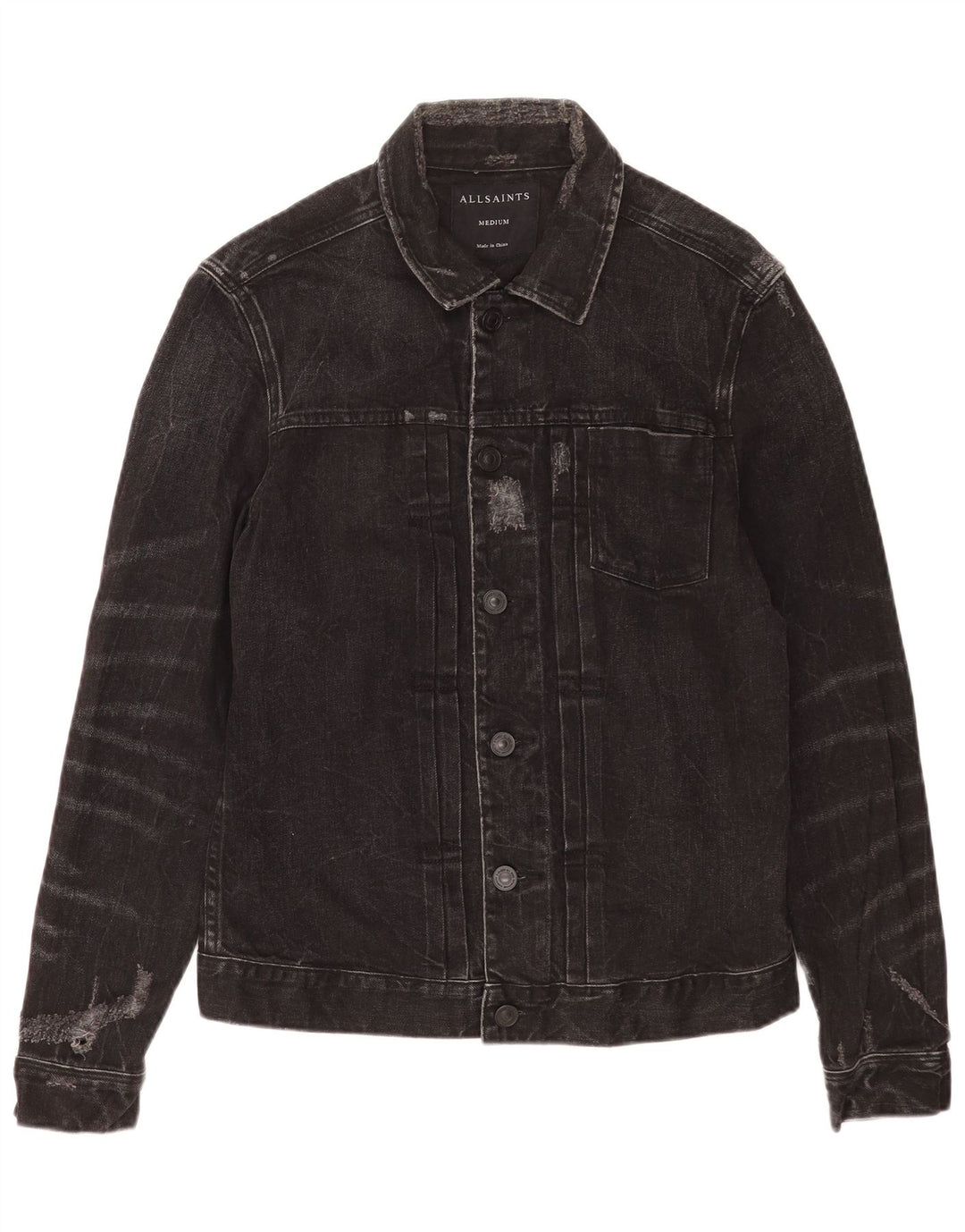 All Saints Herre Distressed Denim Jacket UK 38 Medium Sort Bomuld
