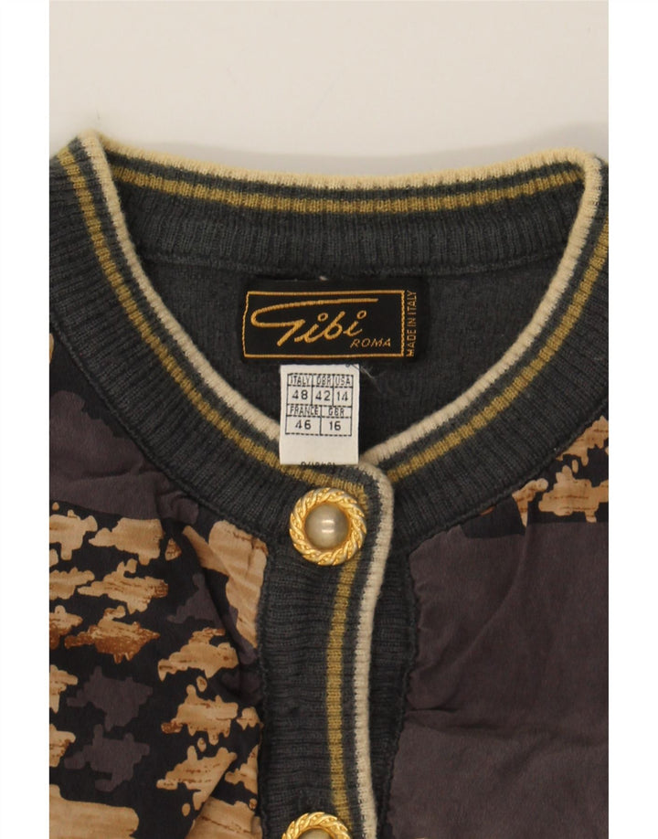 GIBI Womens Crop Cardigan Sweater UK 16 Large Grå Geometrisk Virgin Wool
