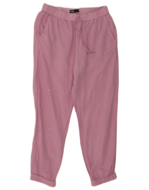 Zara Womens Relaxed Fit Cropped Trousers Small W26 L25 Pink Linen