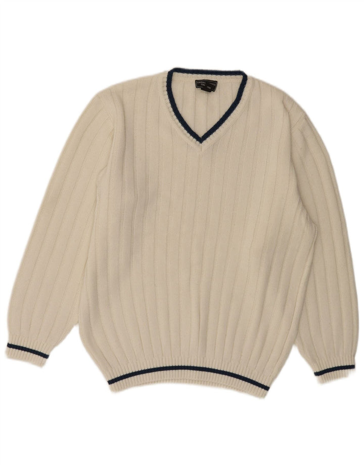 VINTAGE Herre V-hals sweater UK 40/42 Medium White Polyacrylic
