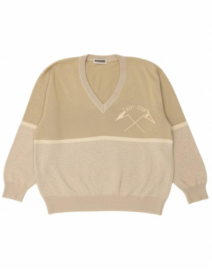 VINTAGE Mens V-Neck Jumper Sweater IT 50 Medium Grey Colourblock