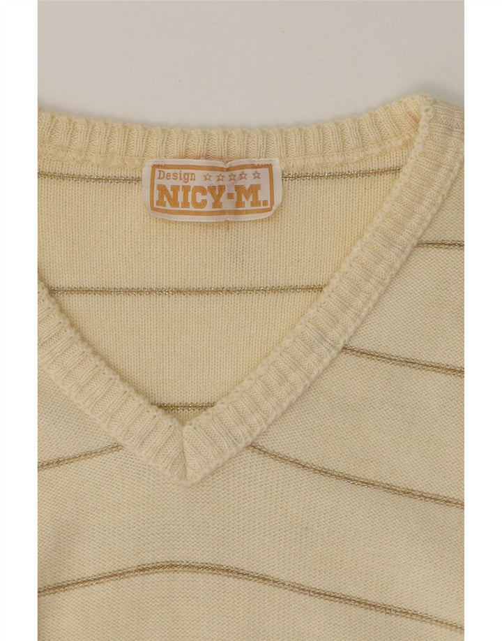 VINTAGE Womens V-Neck Jumper Sweater UK 14 Medium Beige Striped Vintage Vintage and Second-Hand Vintage from Messina Hembry 