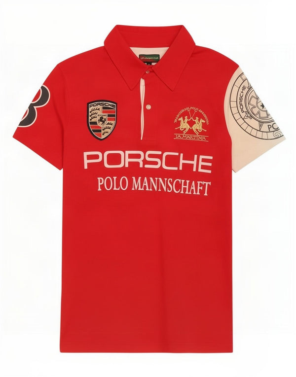 La Martina Mens Porsche Graphic Polo Shirt Medium Red Colourblock Cotton