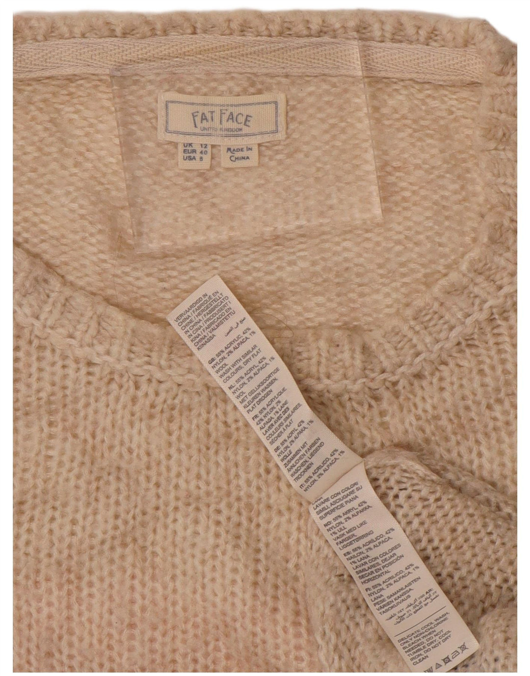 FAT FACE Dame Boat Neck Jumper Sweater UK 12 Medium Beige Stribet