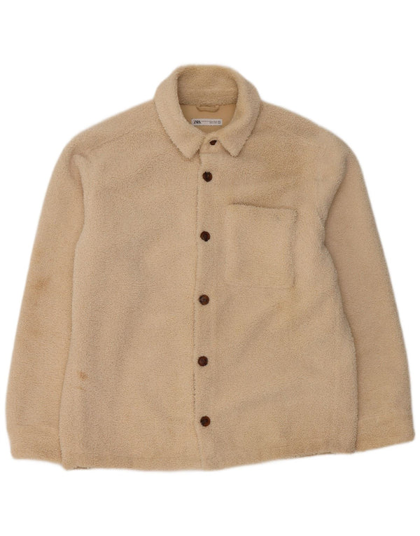 Zara Mens Bomber Fleece Jacket UK 42 XL Beige Polyester