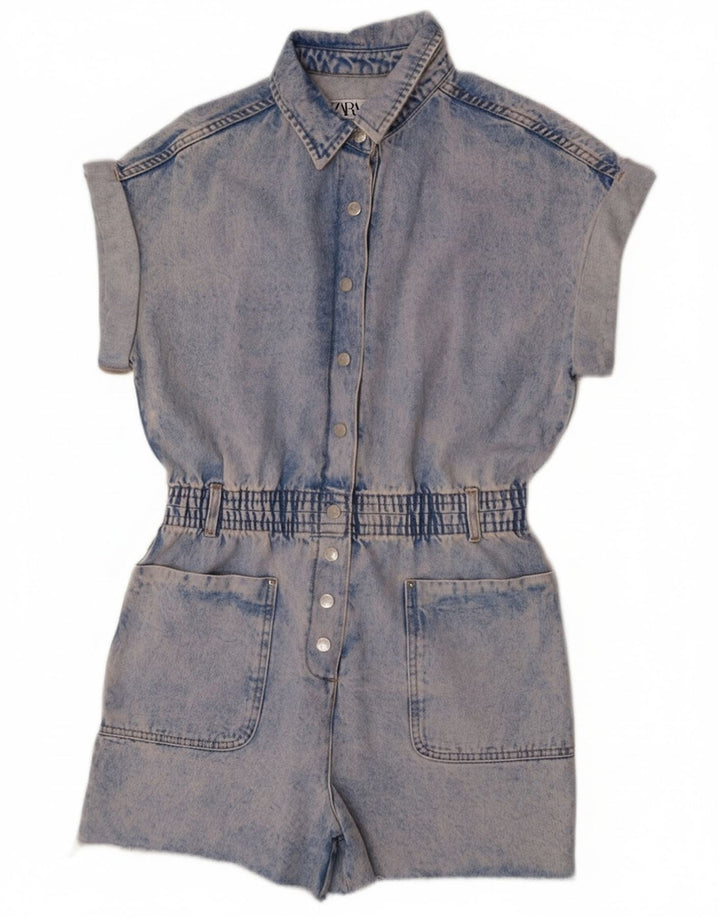 Zara Dame Denim Playsuit UK 14 Medium Blue Cotton