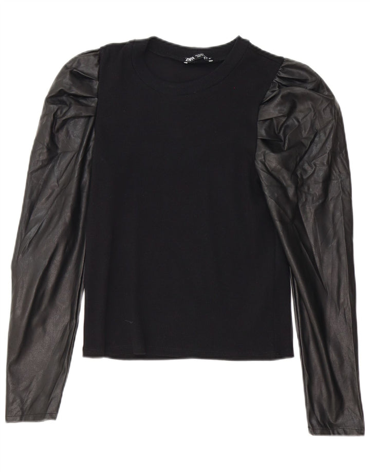 Zara Dame Langærmet Bluse Top UK 12 Medium Sort Polyester