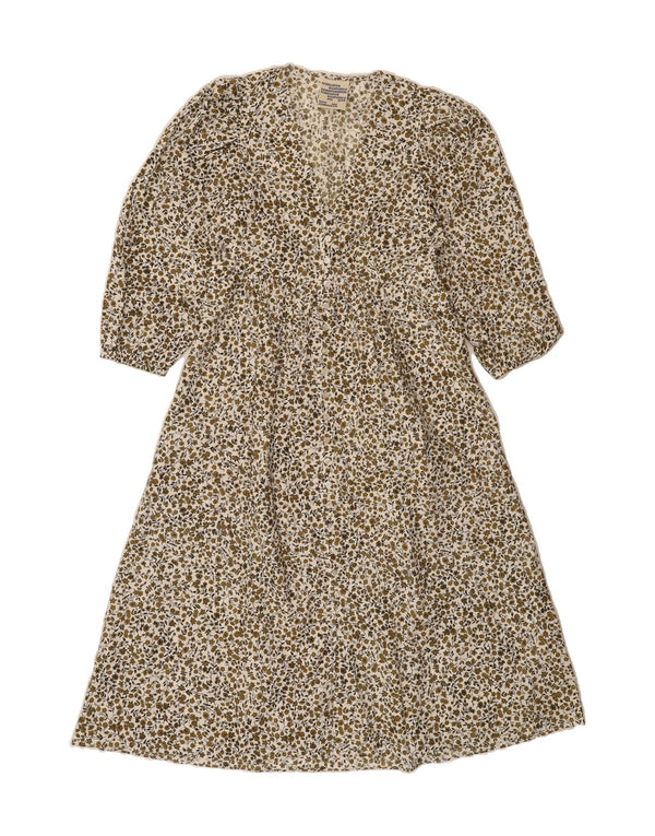 VINTAGE 3/4 ærmet maxikjole til kvinder EU 38 Medium Beige Blomsterbomuld