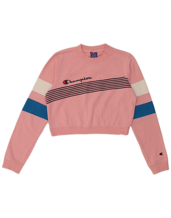 Champion Womens Crop Sweatshirt Jumper UK 14 Medium Pink Colourblock