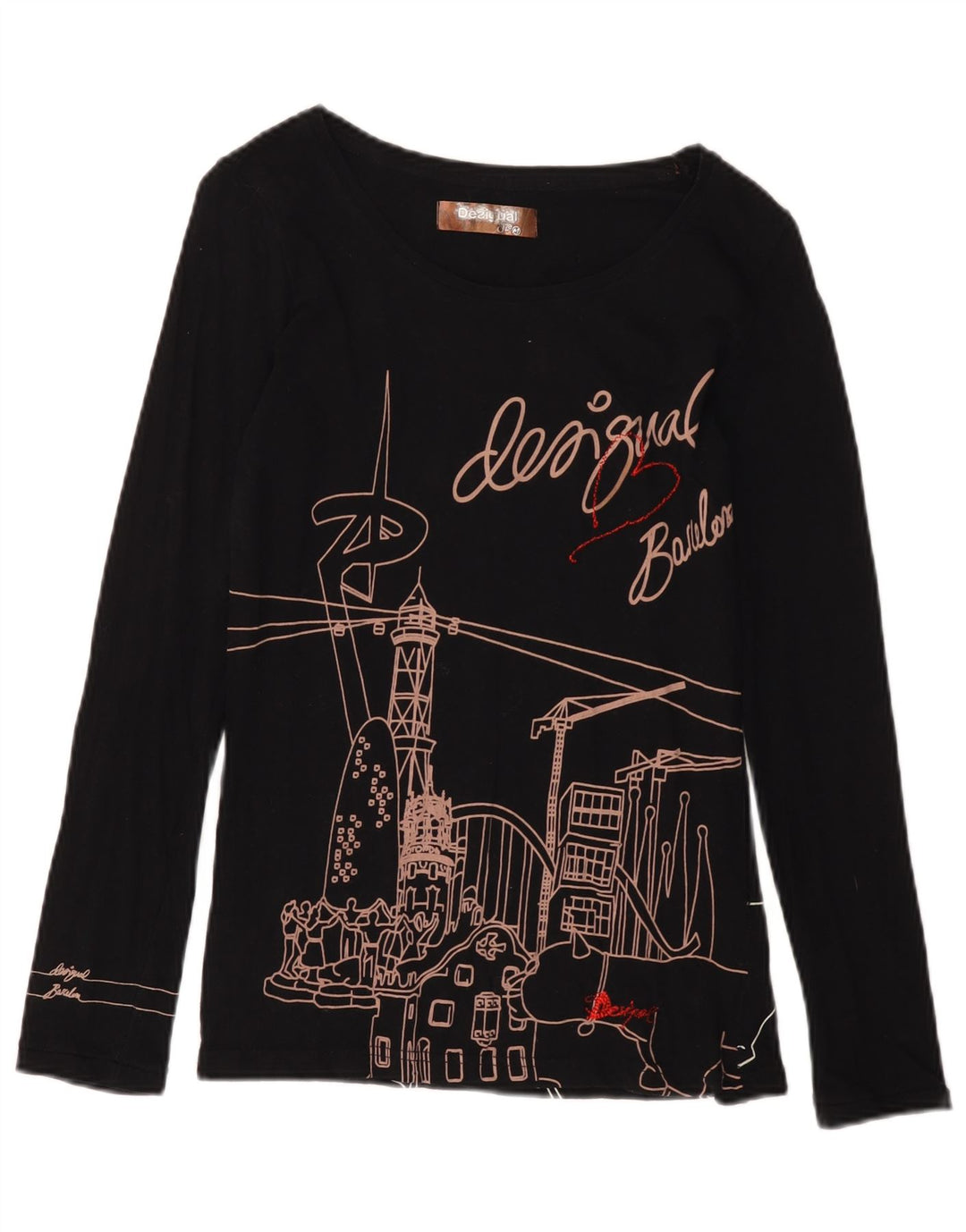 Desigual Kvinder Barcelona Grafisk Top Langærmet UK 12 Medium Sort Bomuld