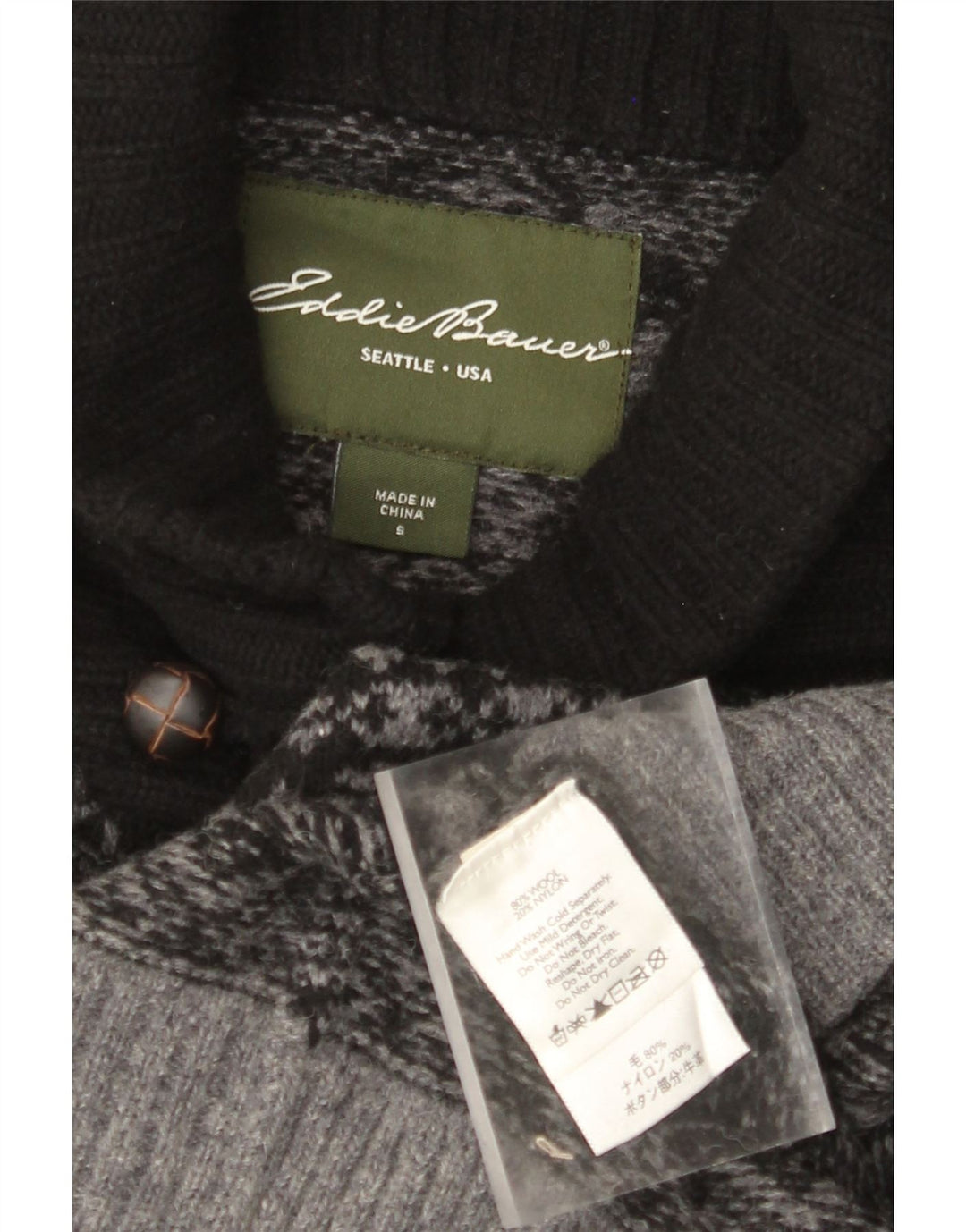 EDDIE BAUER Herre Shawl Neck Jumper Sweater Small Grey Fair Isle Wool
