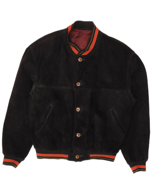 Vintage Mens Suede Bomber Jacket IT 48 Medium Black Striped Leather