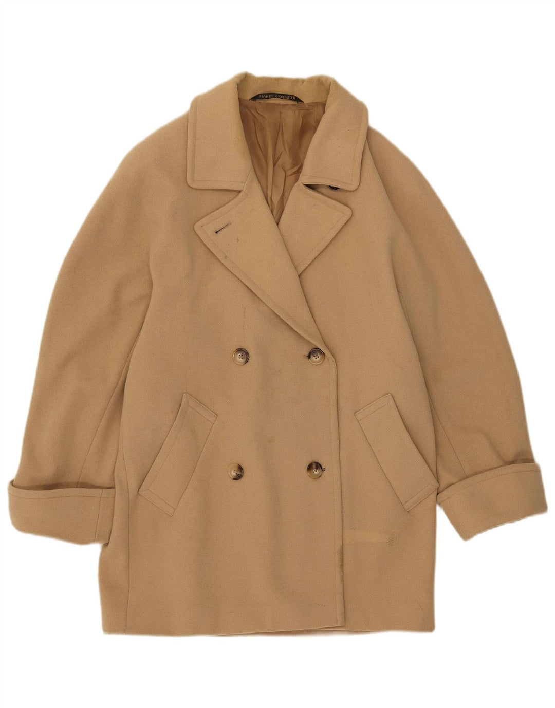 Marks & Spencer Dame Dobbeltradet Frakke UK 12 Medium Beige Uld