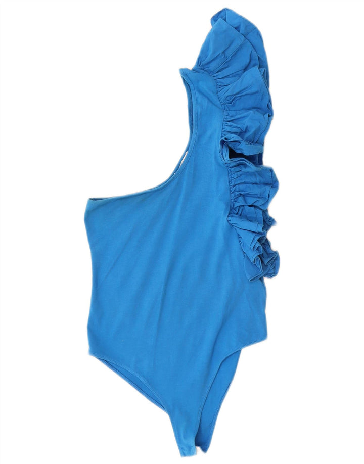 Zara Womens Ruffle One Shoulder Bodysuit UK 8 Small Blue Cotton