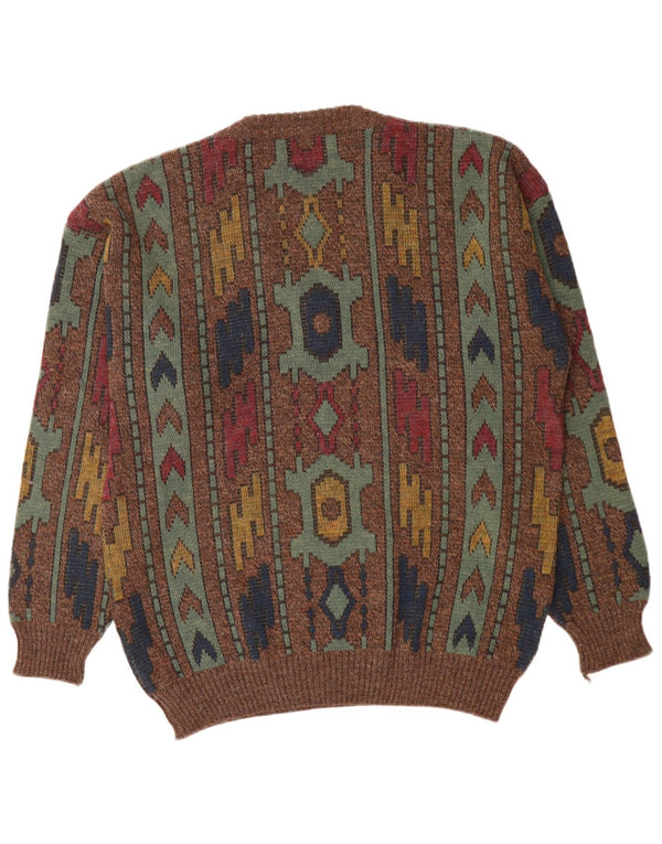 VINTAGE Herre V-hals sweater IT 50 Medium Brun Geometrisk