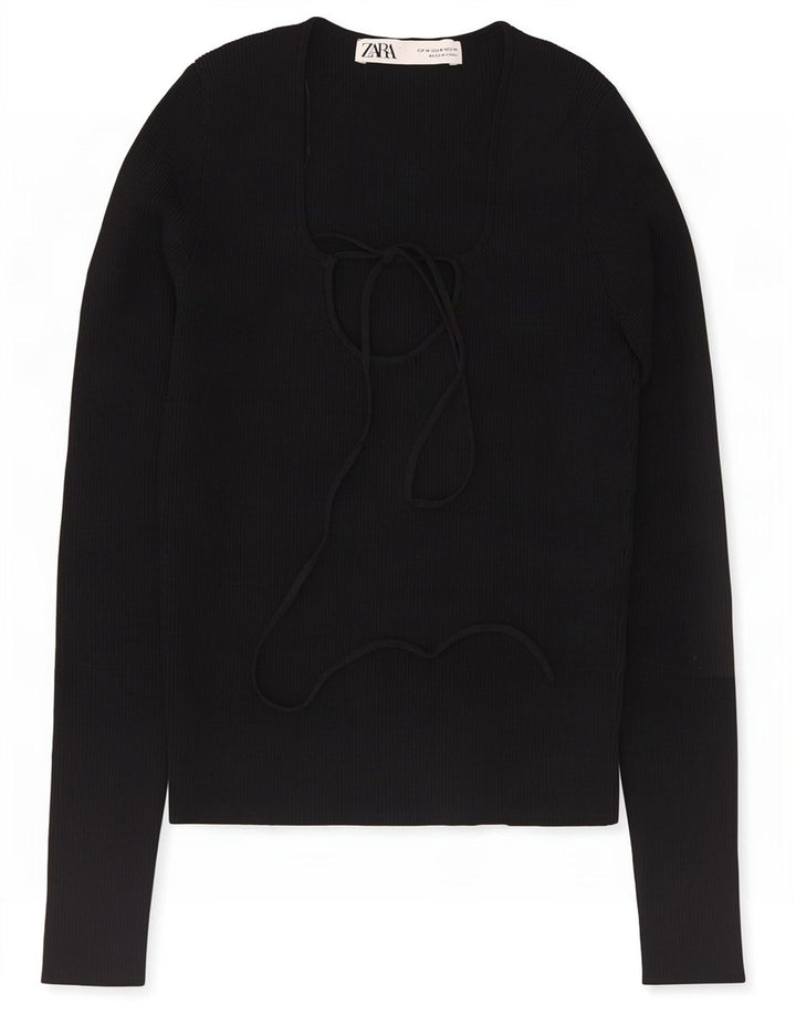 Zara Womens Crop Top Langærmet UK 12 Medium Black Viscose