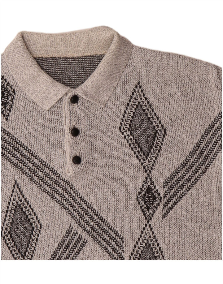Vintage Herre Polo Neck Jumper Sweater Medium Grå Geometrisk