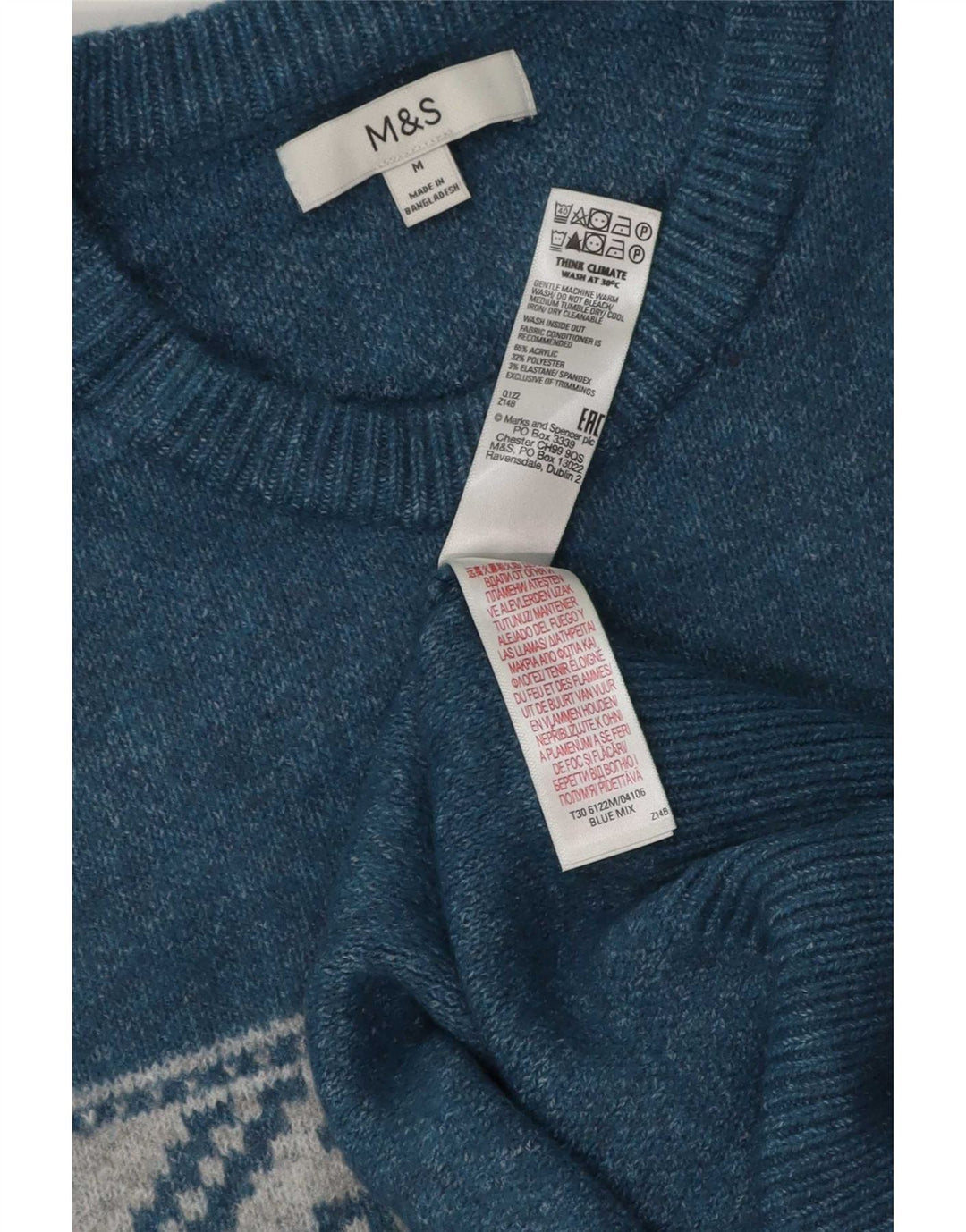 Marks & Spencer Herre Boat Neck Jumper Sweater Medium Blue Fair Isle Akryl