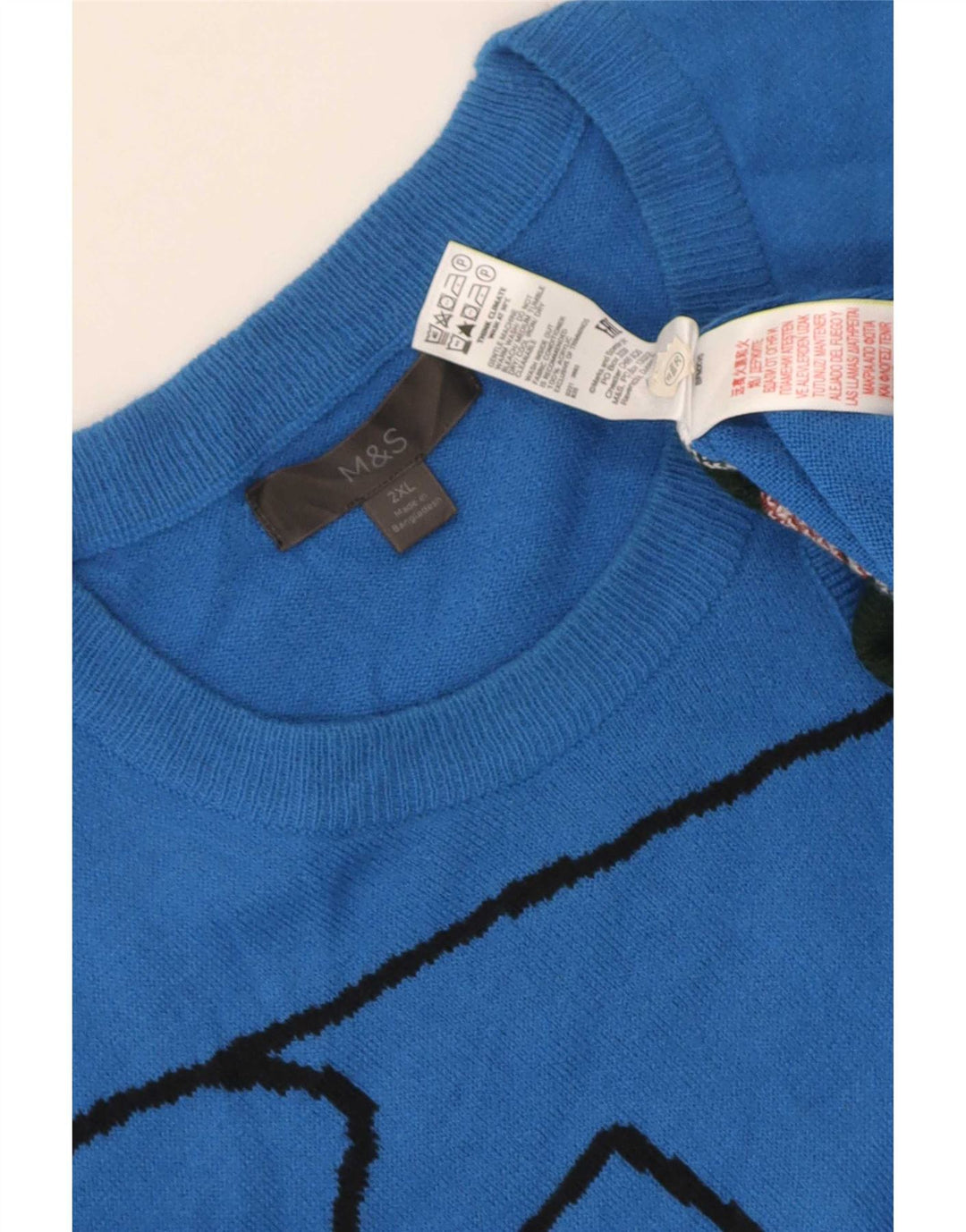 Marks & Spencer Herre grafisk rund hals sweater 2XL blå farveblok