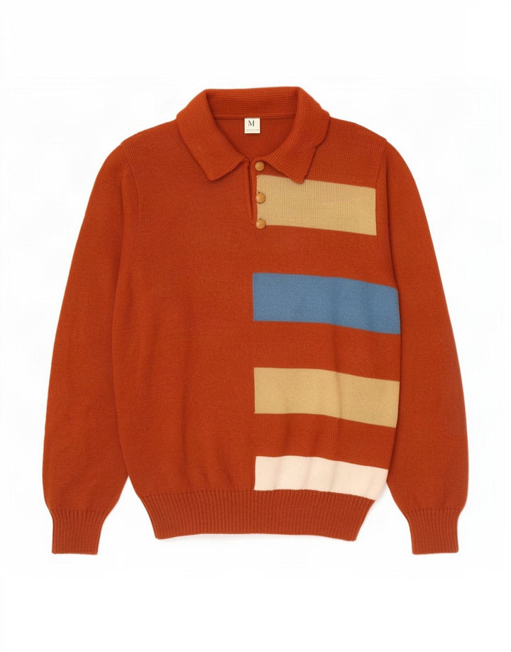 Vintage Herre Polo Neck Jumper Sweater IT 50 Medium Brun Stribet