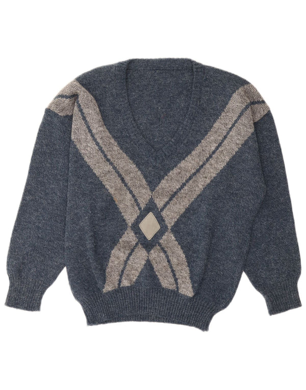 VINTAGE Herre V-hals sweater IT 52 Large Navy Blue Argyle/Diamond