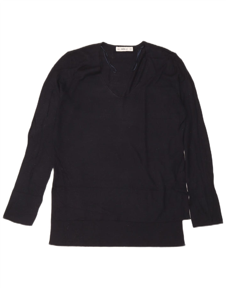 Zara Dame Top Langærmet UK 14 Medium Navy Blue Viscose
