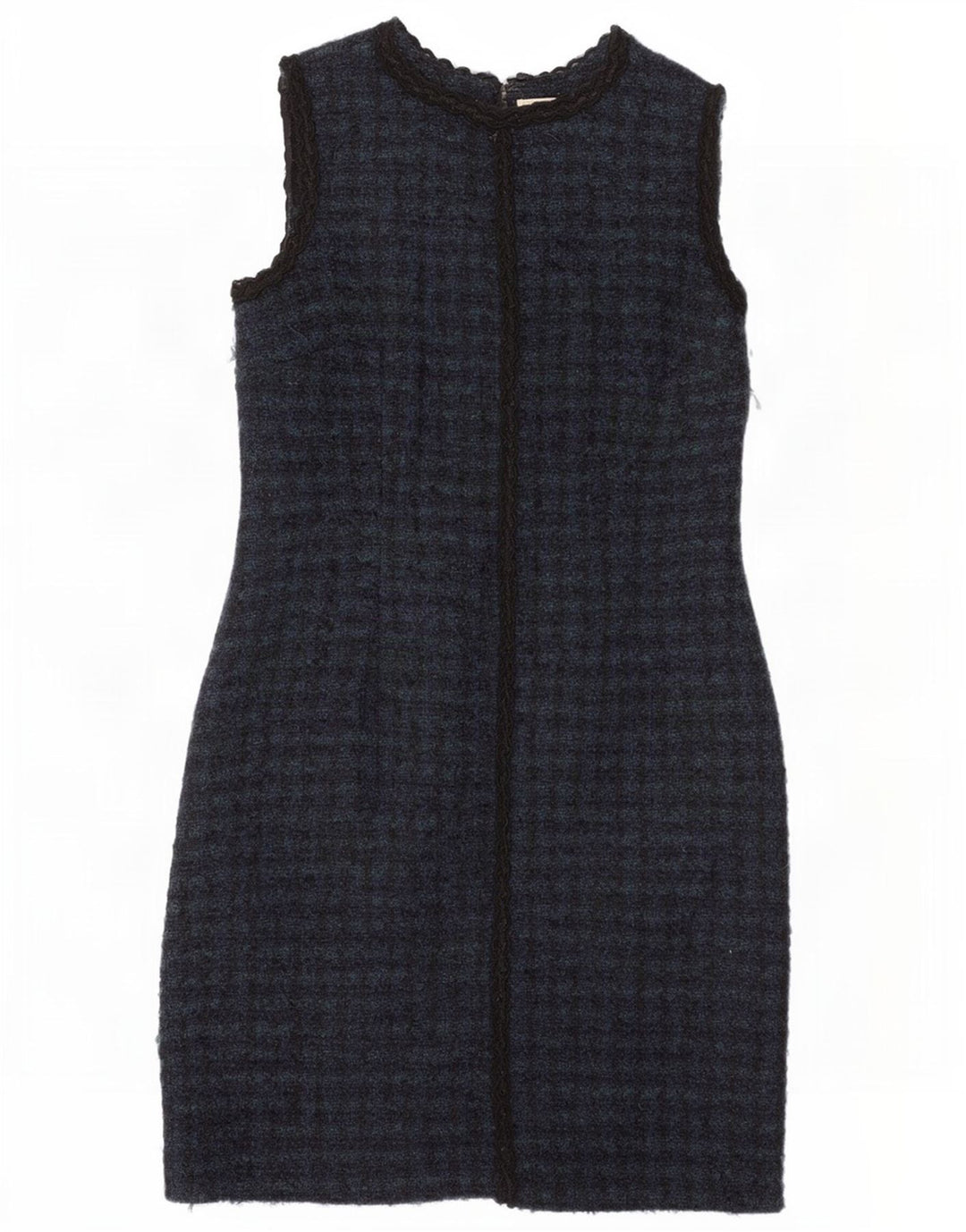 Brora Dame Ærmeløs Skede Kjole UK 14 Large Navy Blue Houndstooth Uld