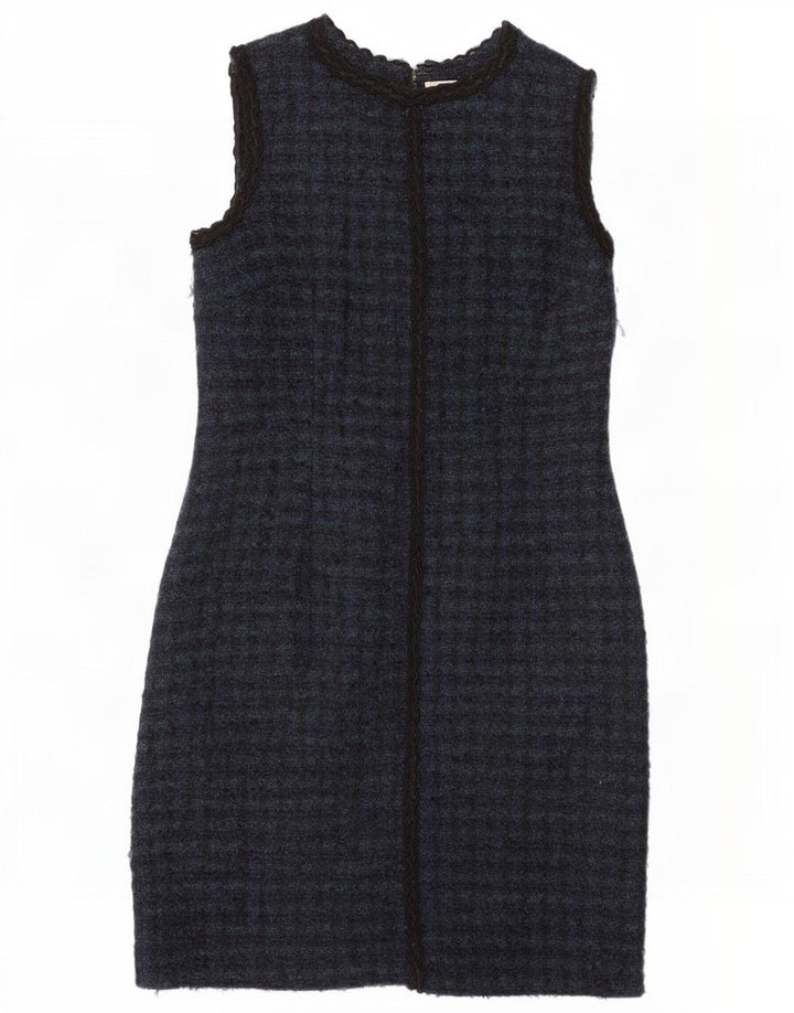 Brora Dame Ærmeløs Skede Kjole UK 14 Large Navy Blue Houndstooth Uld