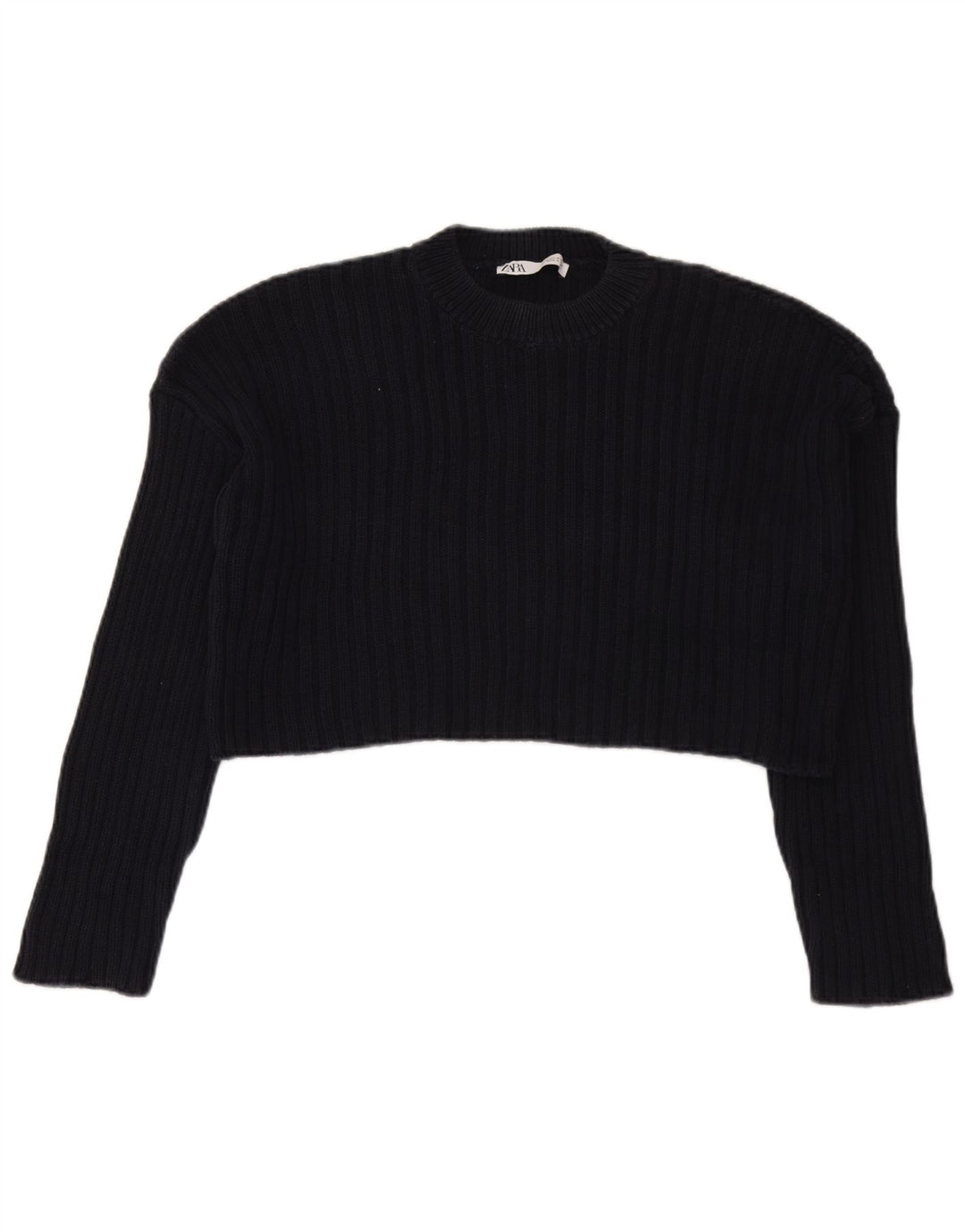 Zara Womens Crop Crew Neck Jumper Sweater UK 14 Medium Navy Blue