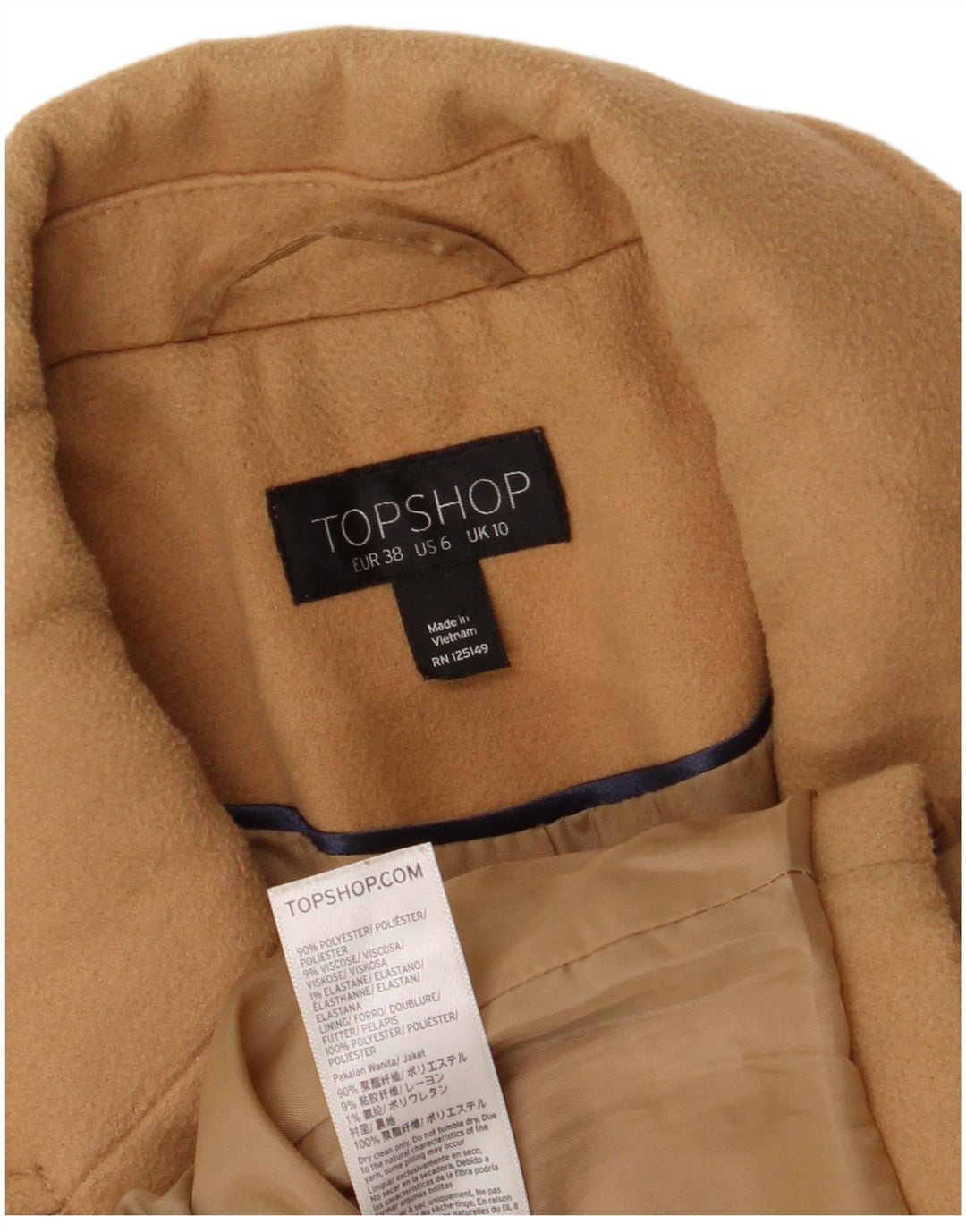 Topshop Dame Overfrakke UK 10 Small Beige Polyester