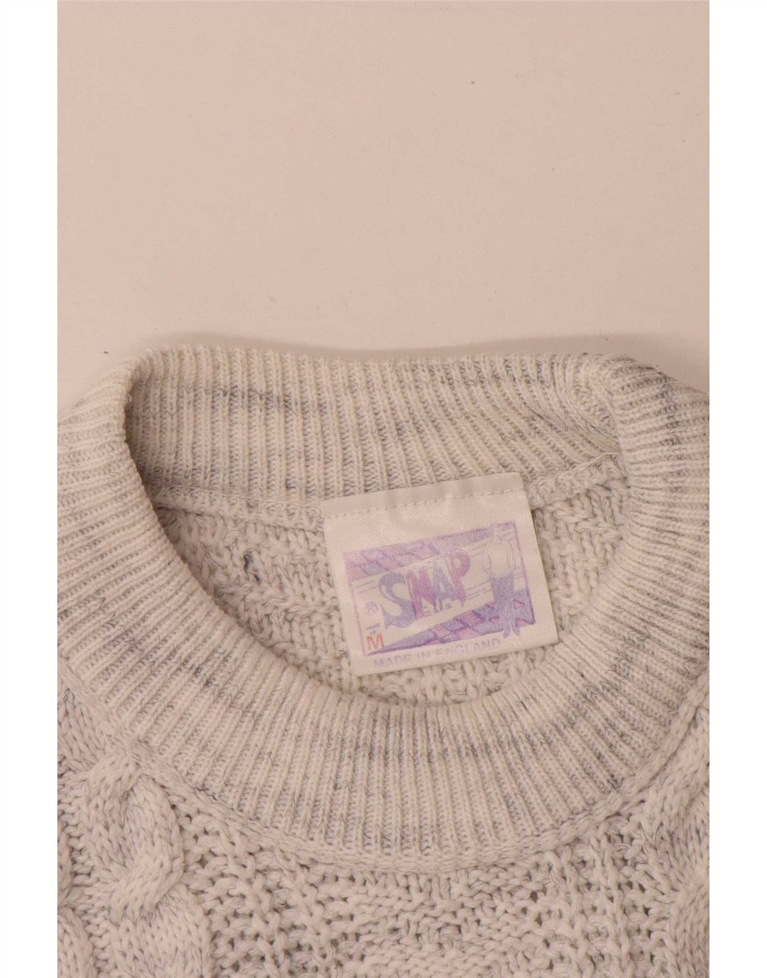 Vintage herre grafisk rund hals sweater medium grå flækket akryl