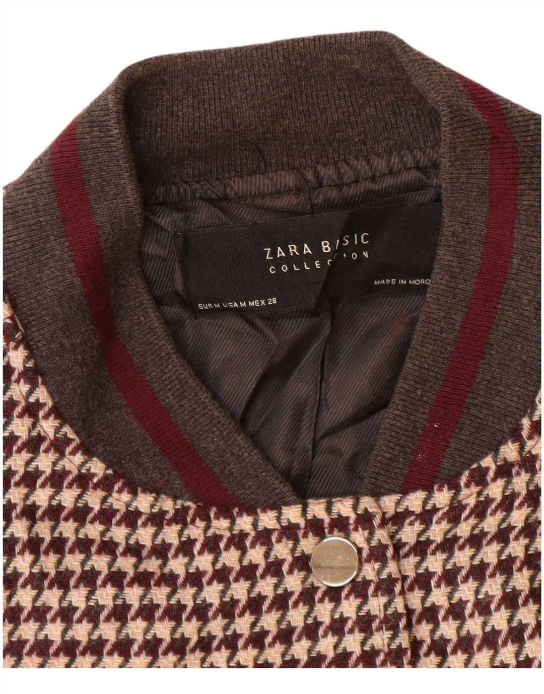 Zara Womens Varsity Jacket UK 14 Medium Brown Houndstooth Akryl