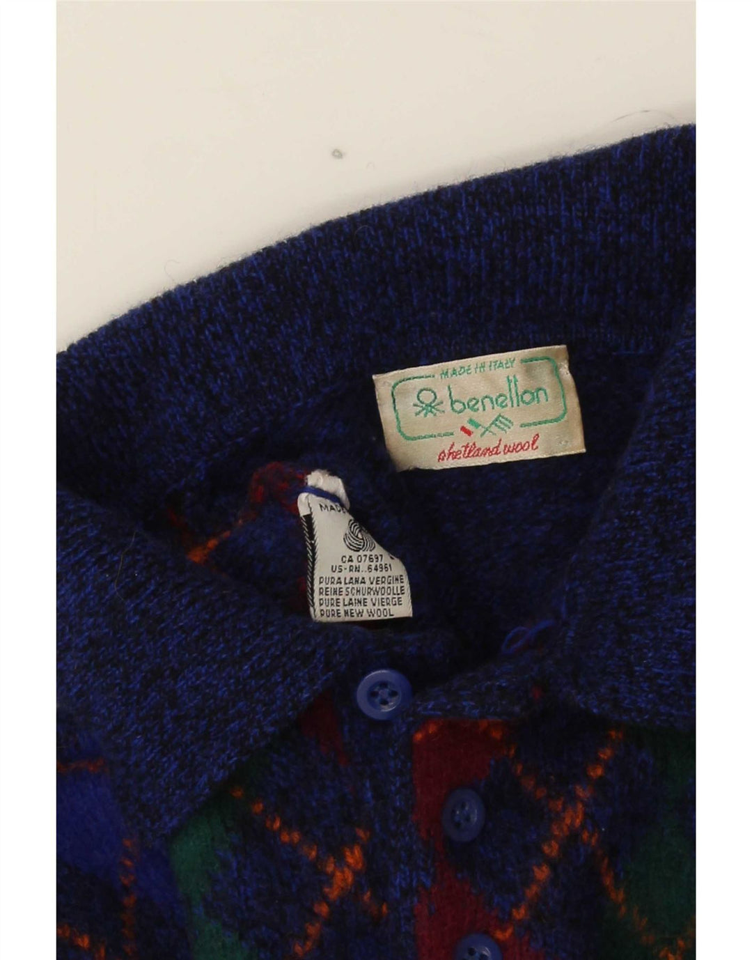 Benetton Herre Polo Neck Jumper Sweater IT 48 Small Blue Argyle/Diamond Wool