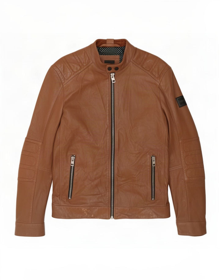 Hugo Boss Herre Læder Biker Jacket UK 36 Lille Brun