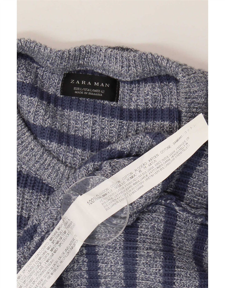 Zara Herre sweater med rund hals, stor blå stribet bomuld