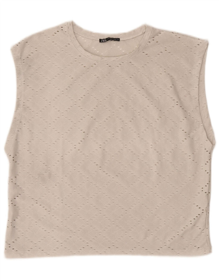 Zara Dame Ærmeløs Oversized Bluse Top UK 10 Small Off White Polyester