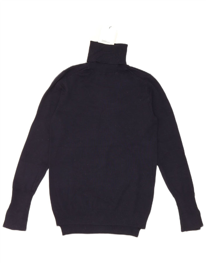 Zara Dame Rullehals Jumper Sweater UK 12 Medium Navy Blue Viscose