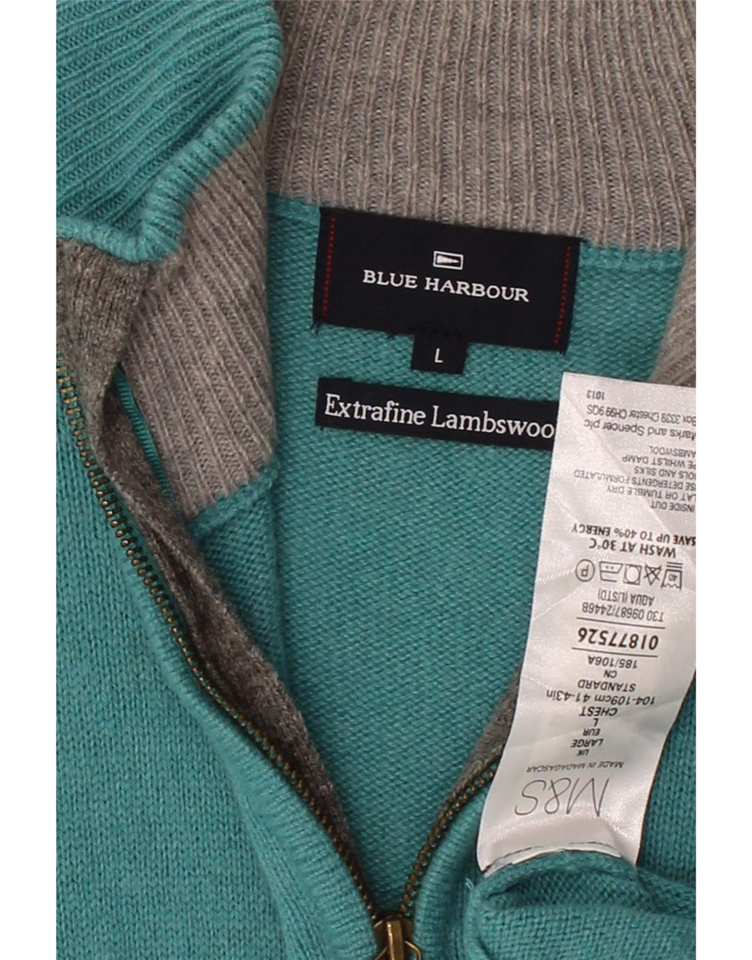 MARKS & SPENCER Mens Blue Harbour Zip Neck Jumper Sweater Large Turquoise Vintage Marks & Spencer and Second-Hand Marks & Spencer from Messina Hembry 