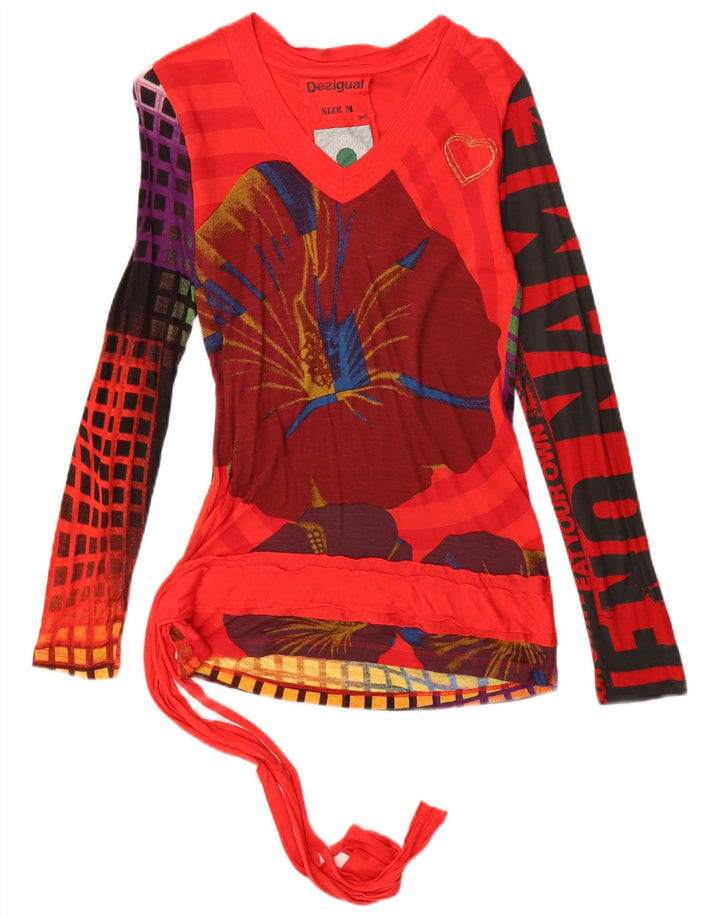 Desigual Dame Grafisk Top Langærmet UK 12 Medium Rød Viscose