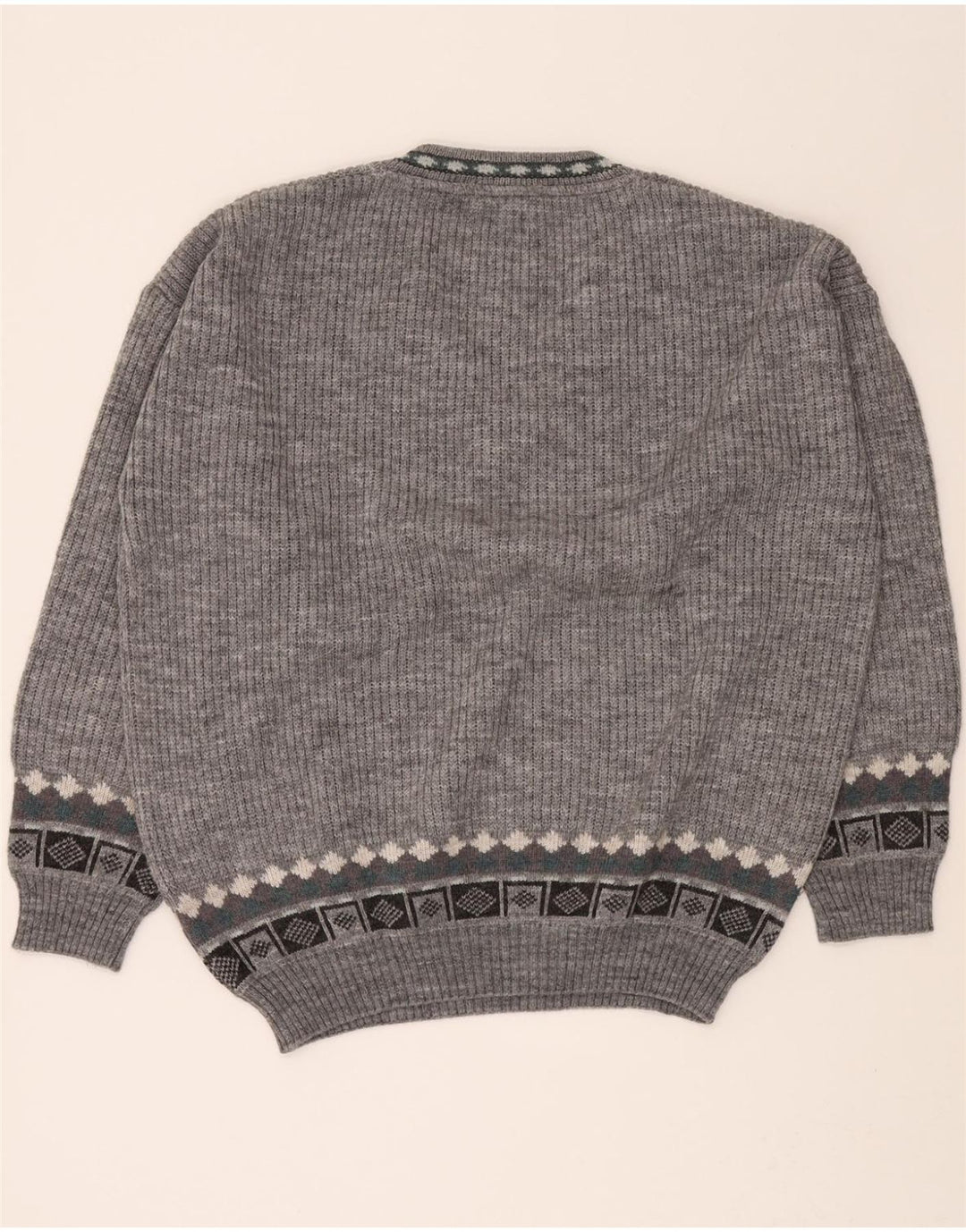 VINTAGE Mens V-Neck Jumper Sweater IT 52 Large Grey Argyle/Diamond Acrylic Vintage Vintage and Second-Hand Vintage from Messina Hembry 